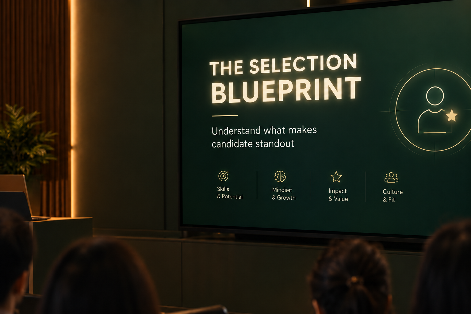The Selection Blueprint seminar presentation showing candidate standout criteria: Skills & Potential, Mindset & Growth, Impact & Value, Culture & Fit